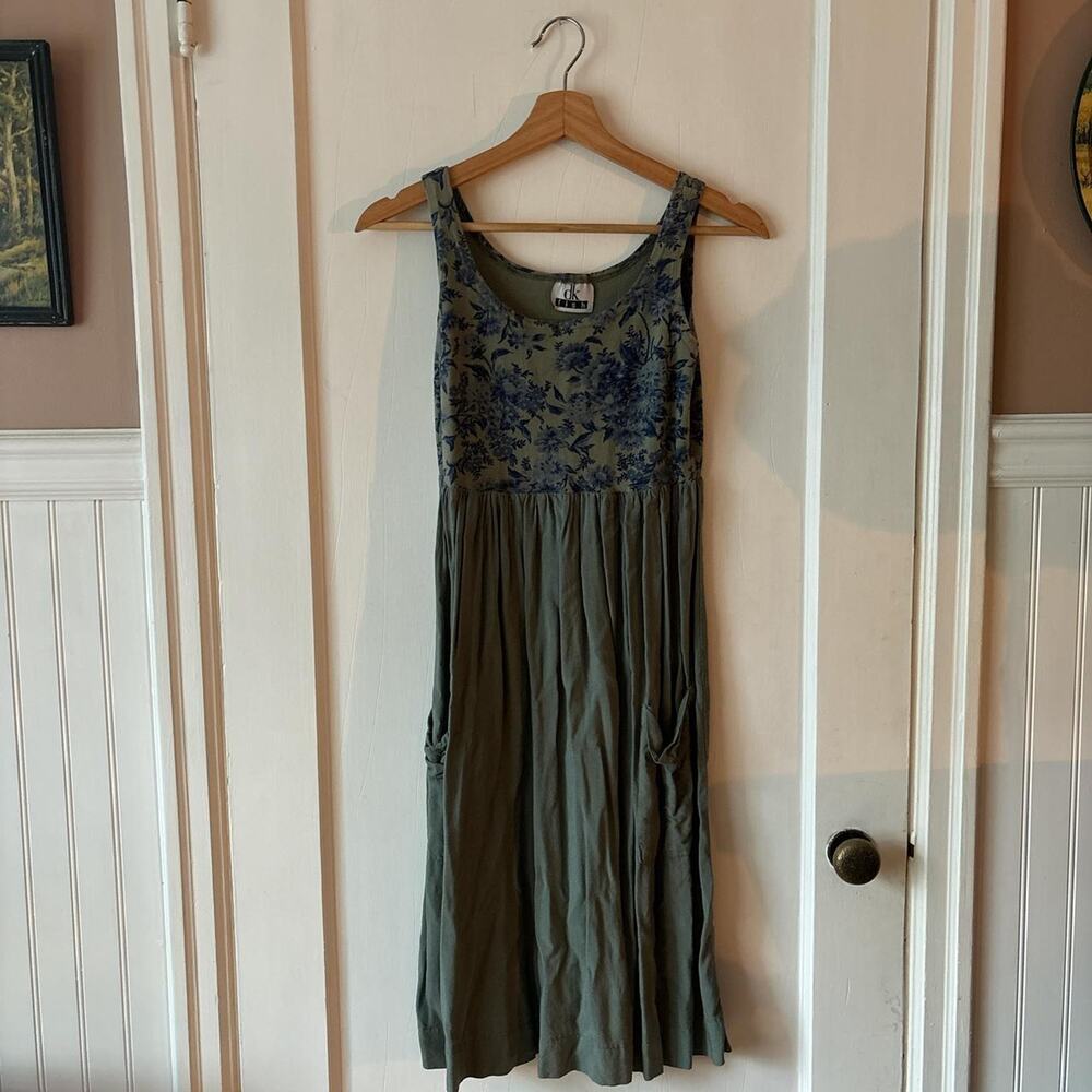 Vintage DK Fish Blue Floral Cotton Midi Dress Fit & Flare Pockets S/M